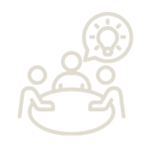 Illustration of three people sitting around a table, with a lightbulb above.