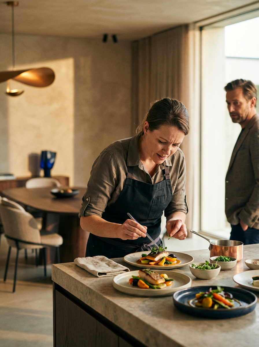 A woman in a gray shirt and black apron is carefully plating a gourmet dish in a modern kitchen, with a man in a suit observing in the background.