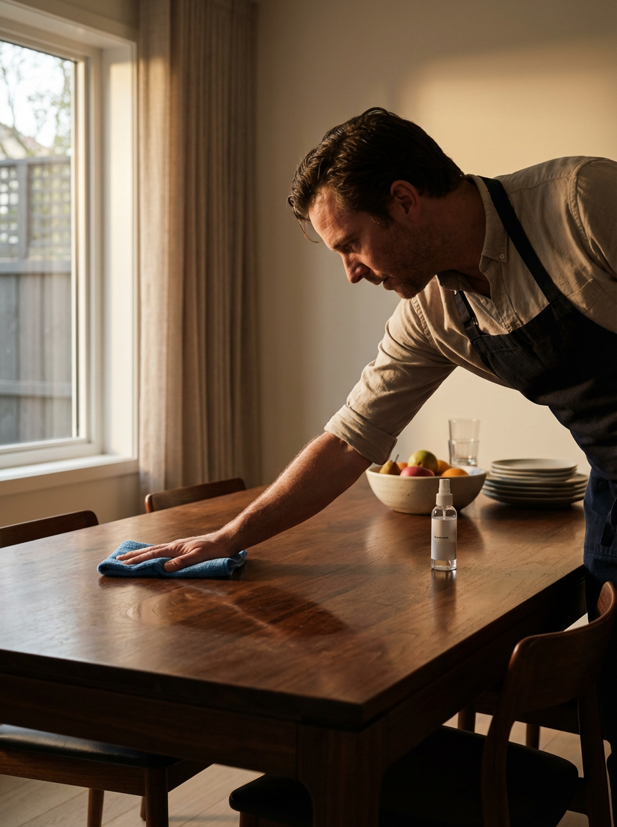 Man cleaning a wooden dining table with a blue cloth, nearby bowl of fruit, plates, and a glass of water.