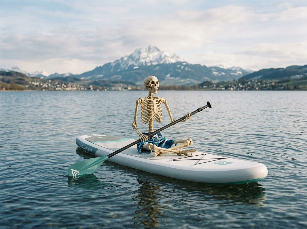 Skelett sitzt auf einem Paddleboard auf einem See mit Bergen im Hintergrund.