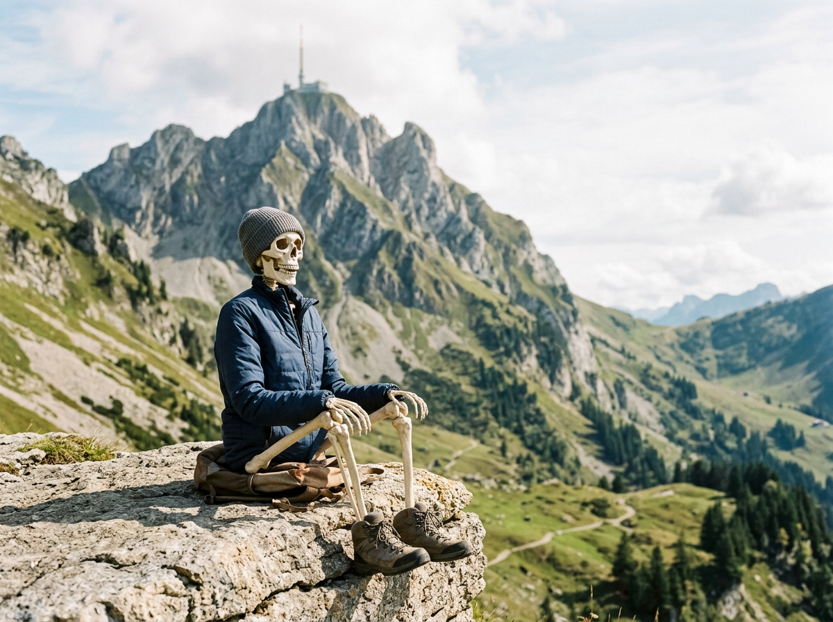 Skelett in Outdoor-Bekleidung sitzt auf einem Felsen in einer Berglandschaft mit grünen Hügeln und schroffen Gipfeln, unter einem bewölkten Himmel.