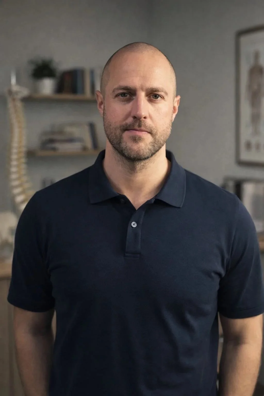 Ein Mann mit kurzen Haaren und Bart, trägt ein dunkelblaues Polo-Shirt, steht in einem Raum mit Bücherregalen und Dekorationen im Hintergrund.