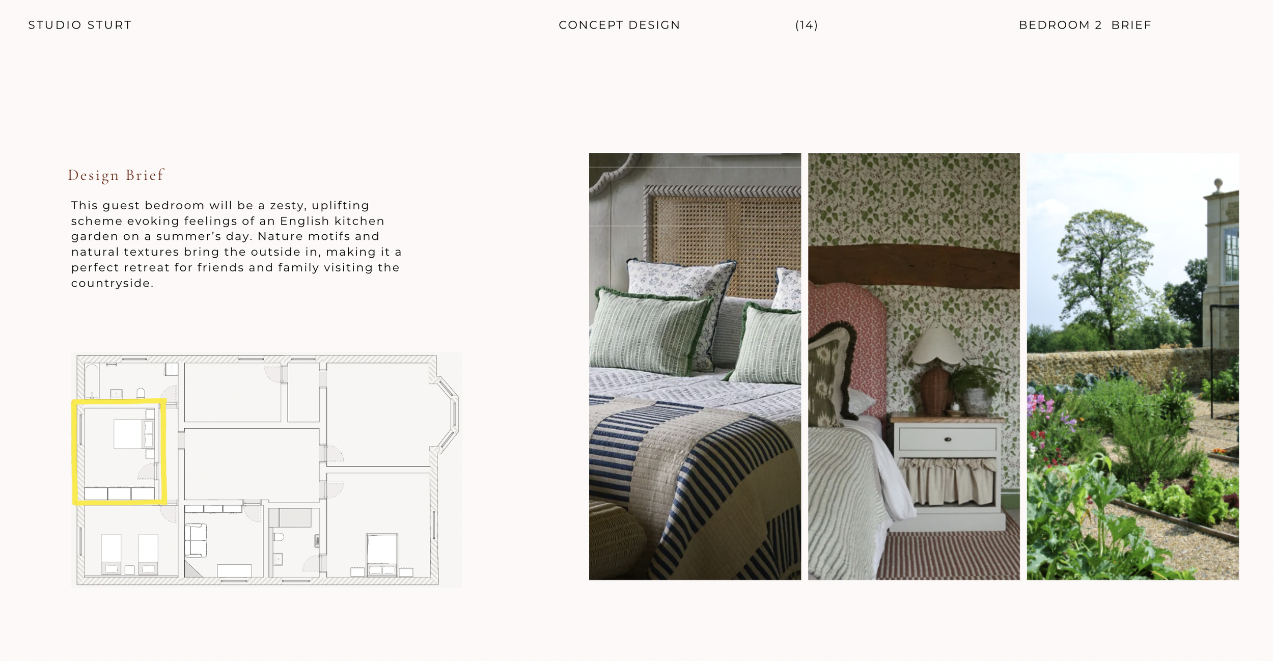Interior design mood board and floor plan for a guest bedroom featuring nature-inspired decor and outdoor views.