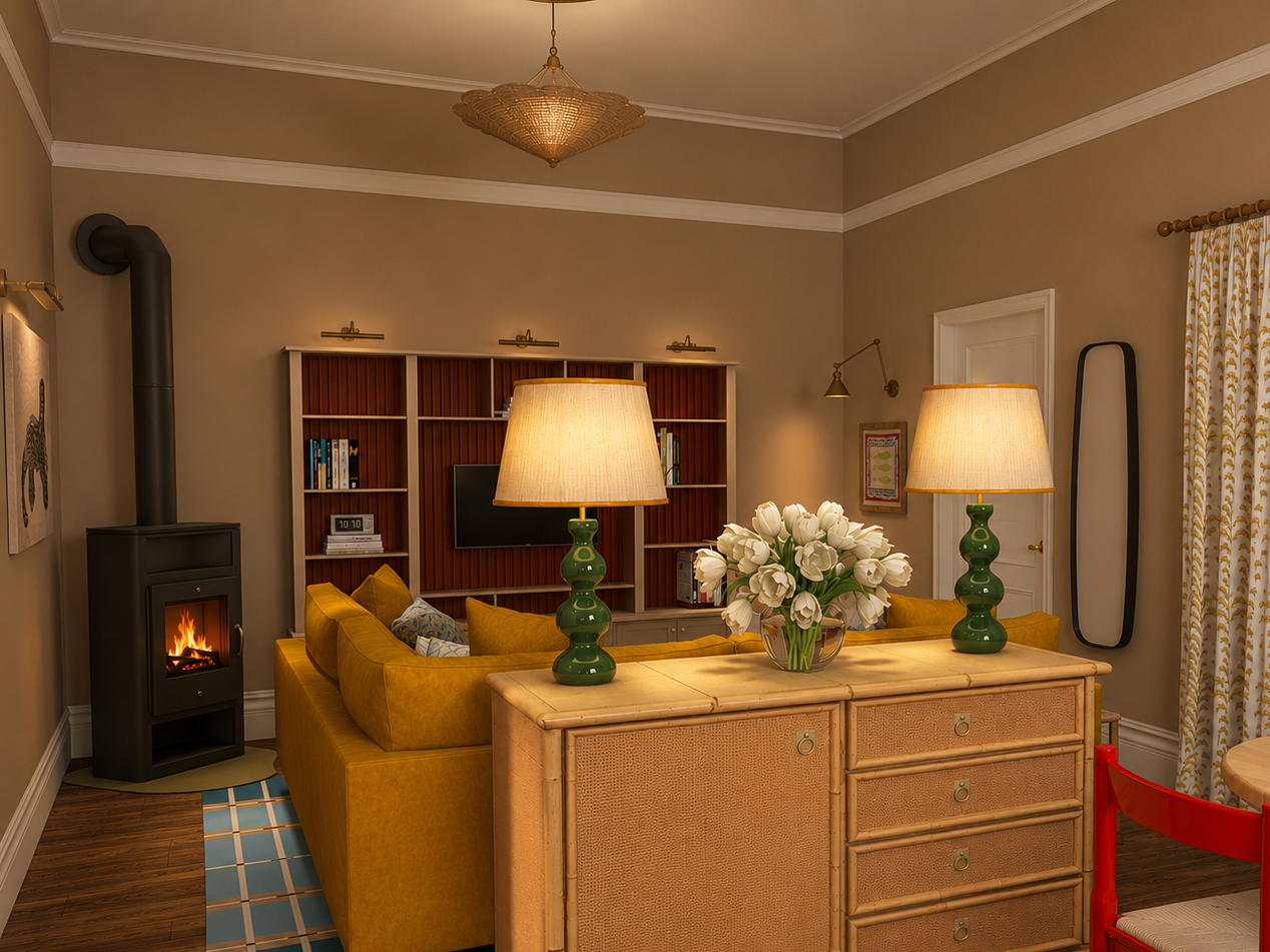 Living room with a yellow sofa, two green table lamps on a wooden cabinet, a bouquet of white flowers, a fireplace, bookshelf, and decorative curtains.