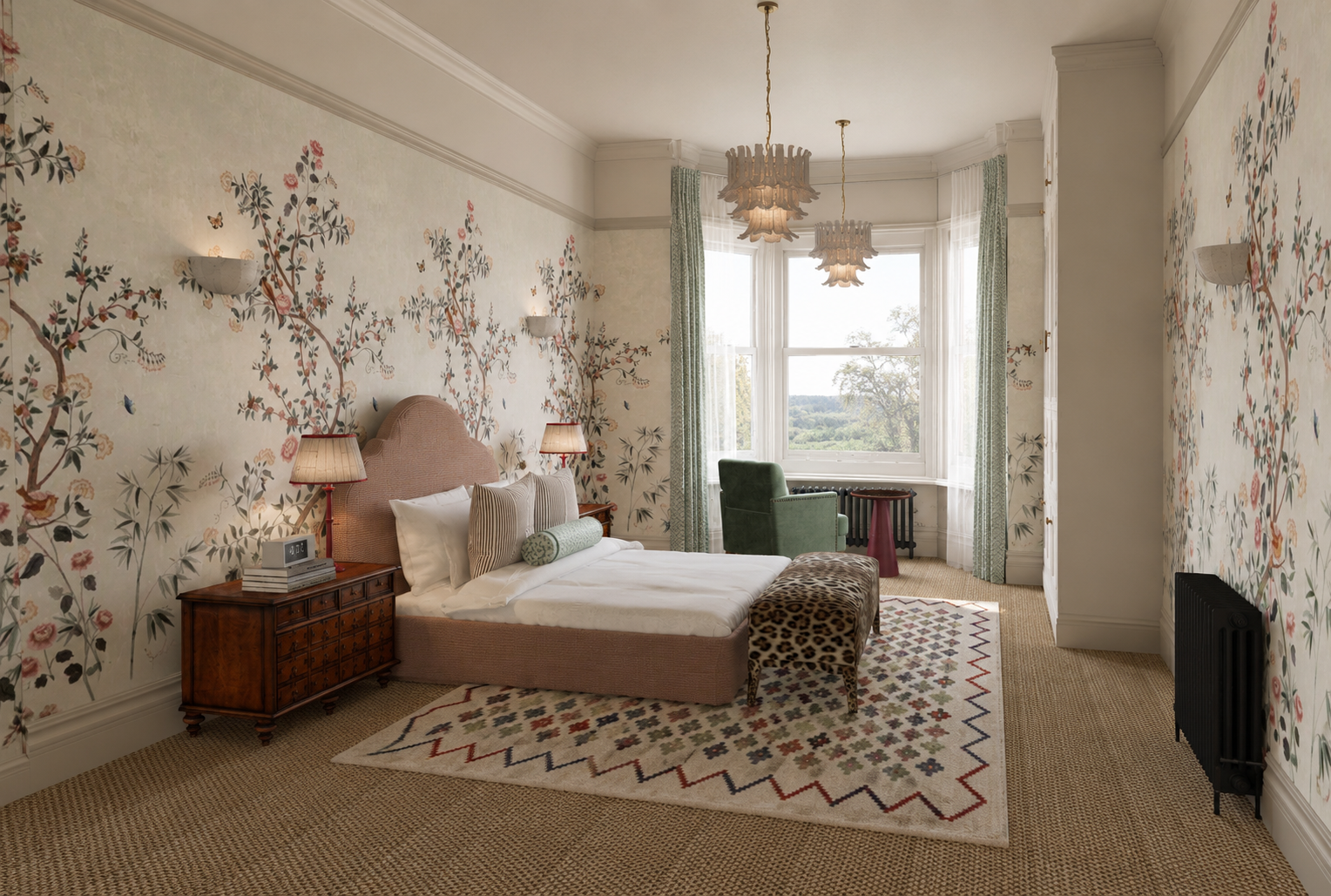 A bedroom with floral wallpaper, a large window with curtains, a pink upholstered bed with pillows, a leopard print bench at the foot of the bed, two bedside lamps, a green armchair by the window, and a patterned rug.