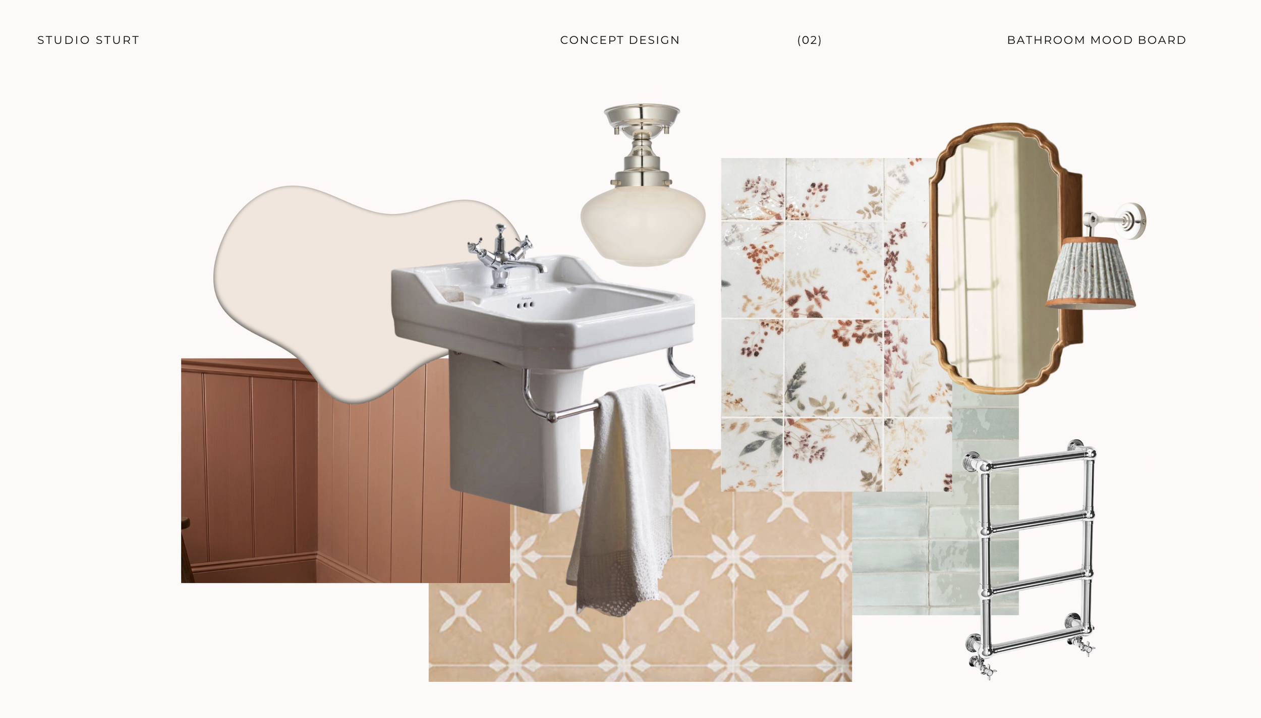 Bathroom mood board featuring a vintage white sink with a towel, geometric and floral tile patterns in earthy tones, a wooden framed mirror, a wall-mounted sconce with a pleated shade, wood wall paneling, and a chrome towel rack.