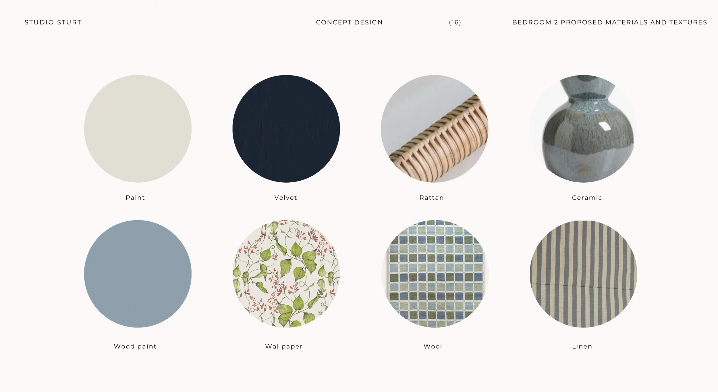 Design board showcasing various textures and materials for a bedroom, including paint, velvet, rattan, ceramic, wood paint, wallpaper, wool, and linen.