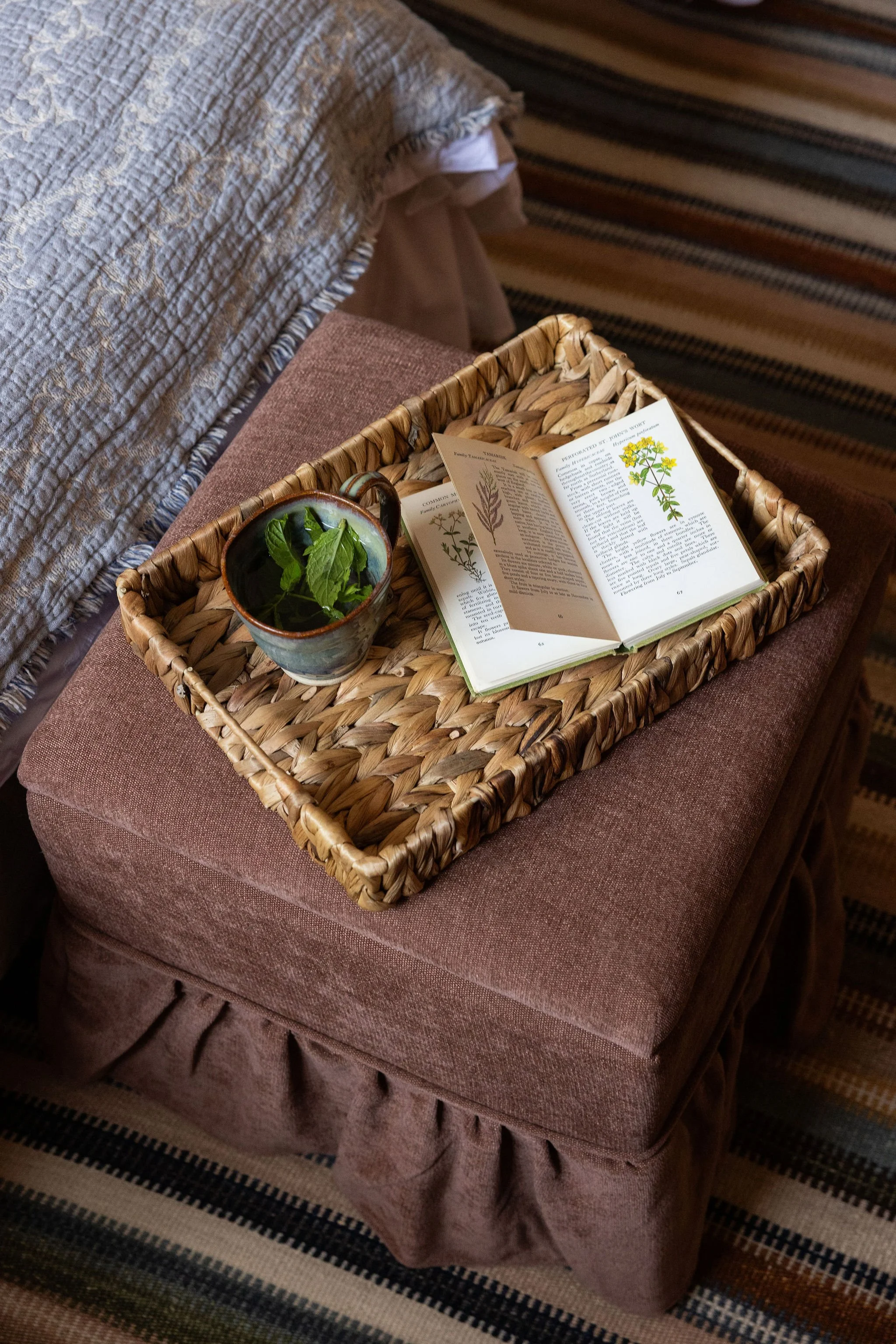 A woven basket containing an open book with botanical illustrations and a potted plant with green leaves, placed on a brown upholstered ottoman. The ottoman is on a multicolored striped rug, and part of a bed with a textured quilt and ruffle details 