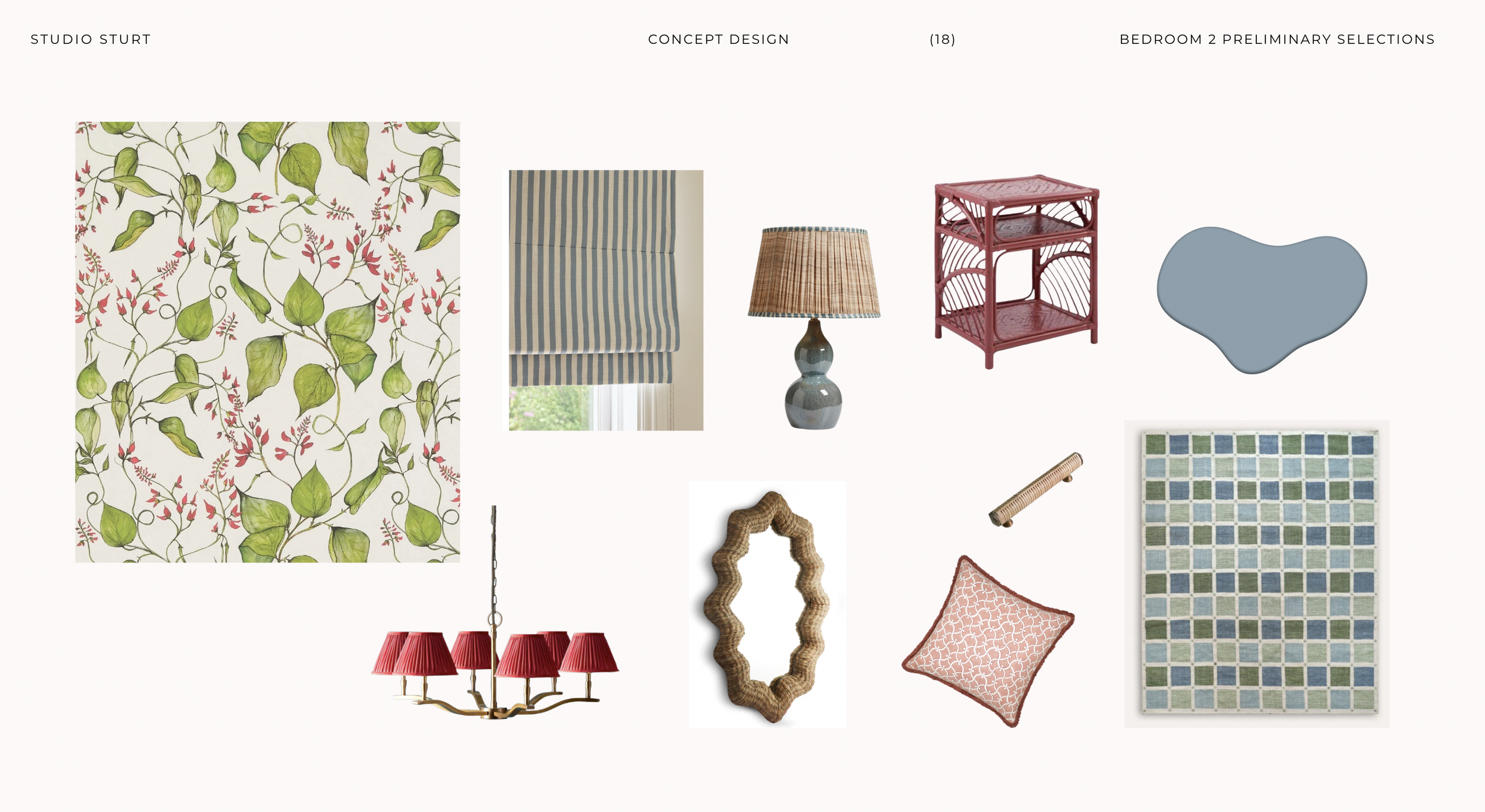 Interior design mood board featuring fabric patterns, furniture, lighting, and decor samples for a bedroom renovation project.