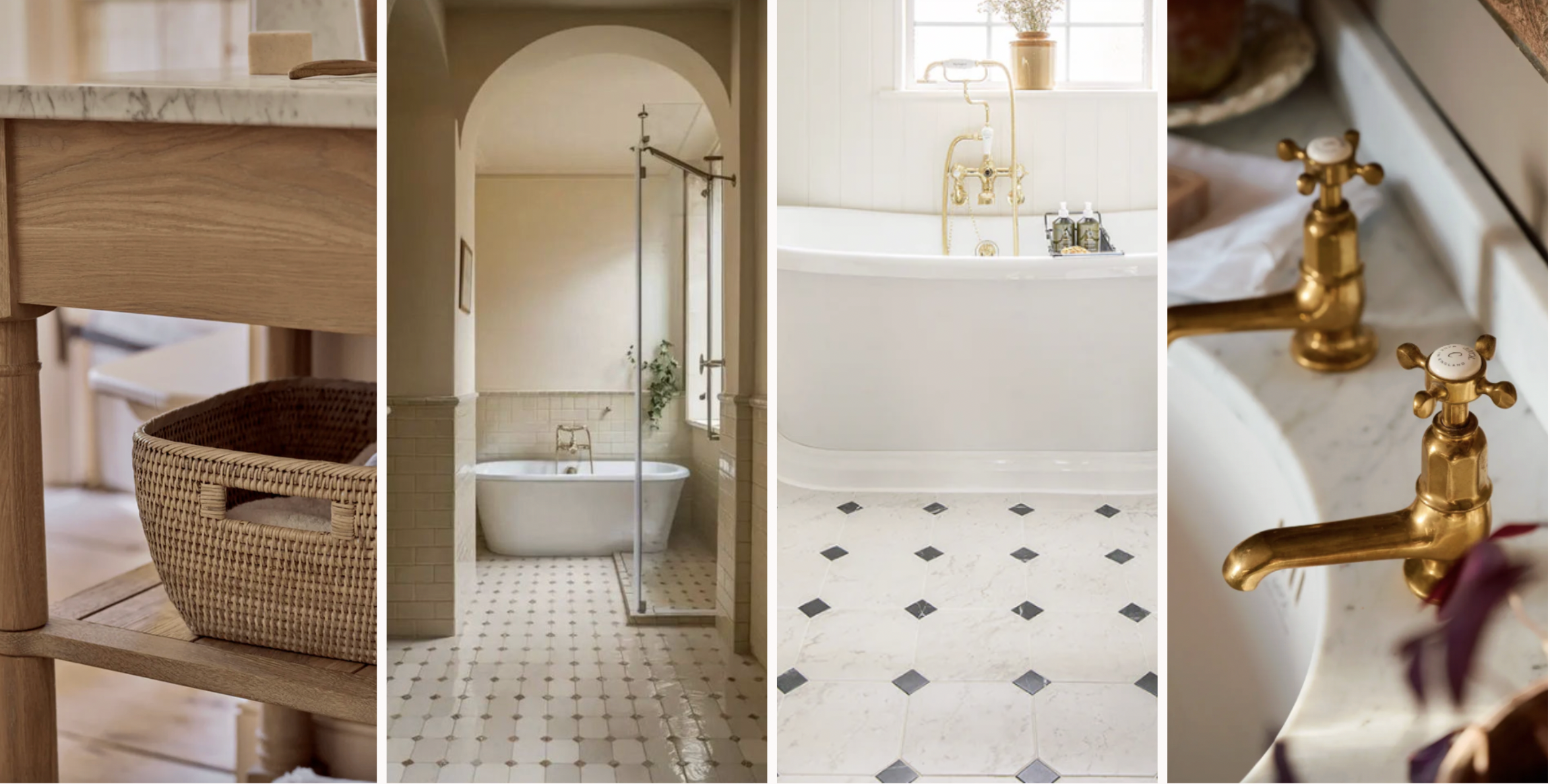 A collage of four images featuring bathroom and interior decor. The first image shows a light wooden table with a wicker basket underneath. The second image depicts a vintage bathtub standing in a tiled bathroom with soft beige walls and a glass show