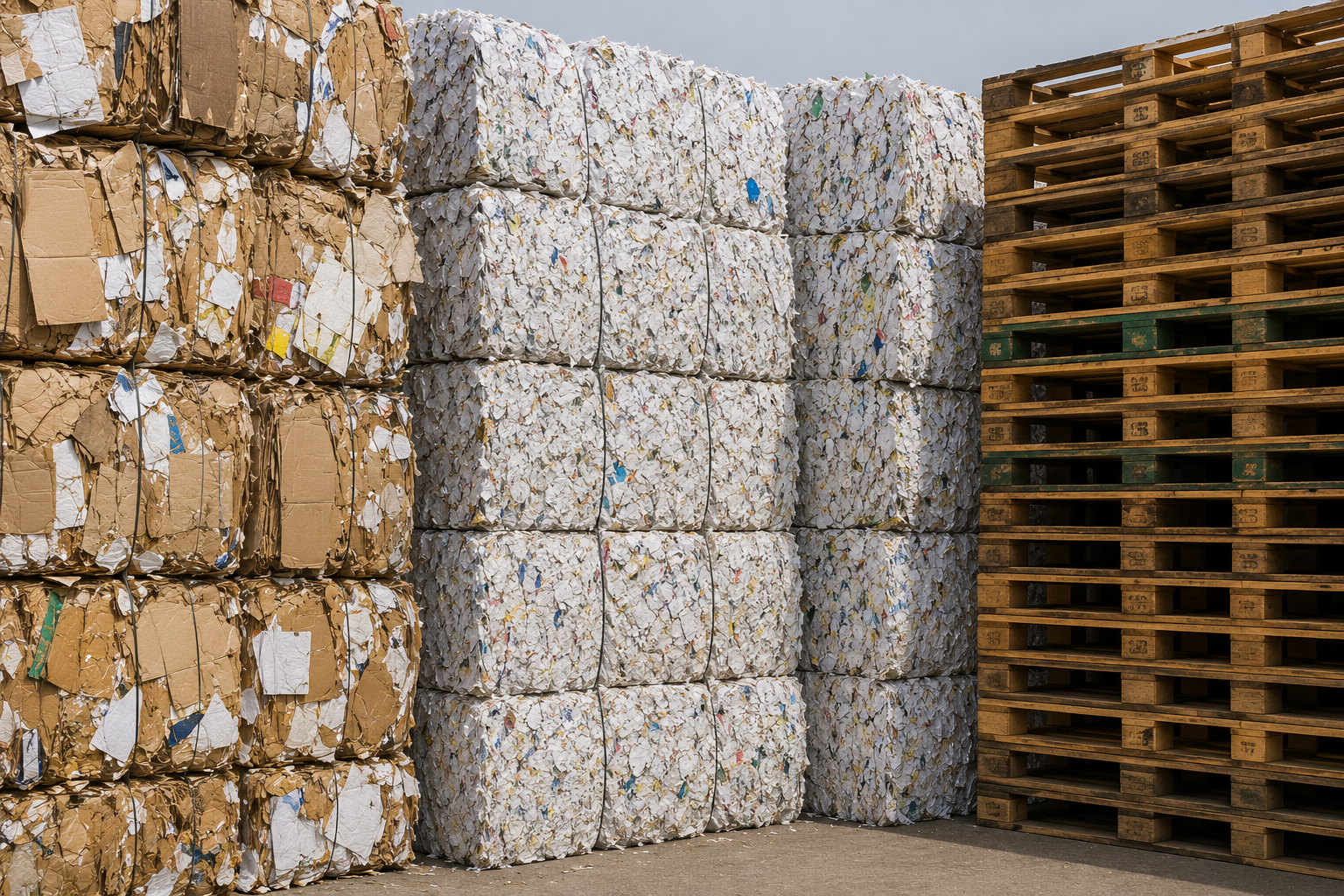 Stacks of compressed recyclable paper and cardboard bales in an outdoor recycling yard with a large wooden pallet on the right.
