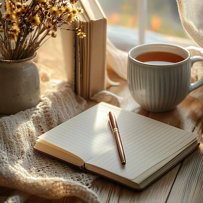 An open lined notebook with a pen resting on it, a cup of tea, a vase with yellow flowers, and a few books arranged on a wooden table near a window with sunlight streaming in.