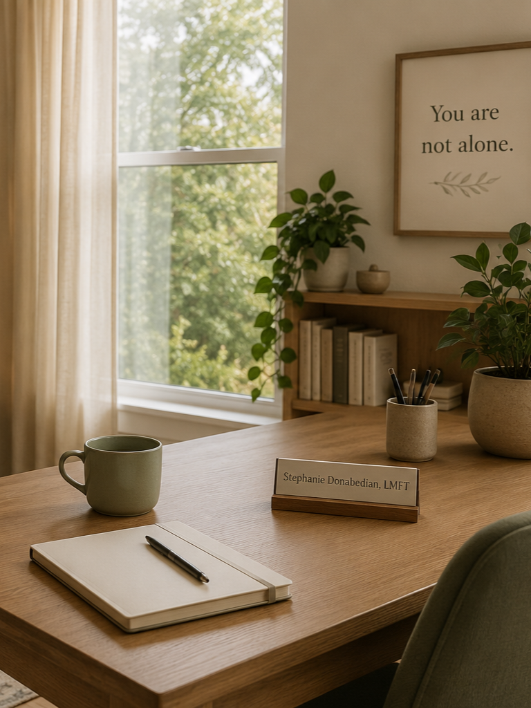 A cozy, well-lit office or therapy room with a wooden desk, a green mug, a notebook with a pen, and a nameplate that reads 'Stephanie Donabedian, LMFT'. There are potted plants on a shelf and a framed quote on the wall that says 'You are not alone.' A window shows a view of green trees outside.