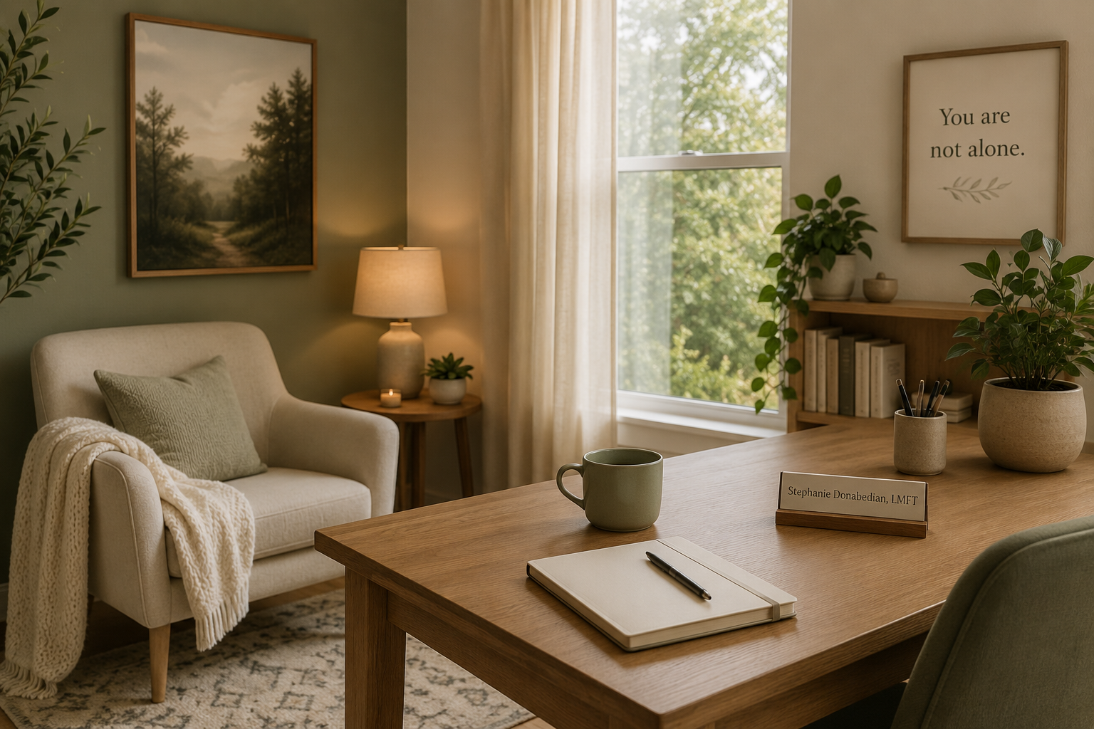 A cozy, well-lit home office or therapy room with a wooden desk, a green coffee mug, a white notebook with a pen, and a nameplate reading "Stephanie Donabedian, LMFT." A large window shows green trees outside. There is an armchair with a cushion and blanket, a side table with a lamp and plants, framed artwork on the wall, and a shelf with books and plants. A framed sign on the wall says "You are not alone."