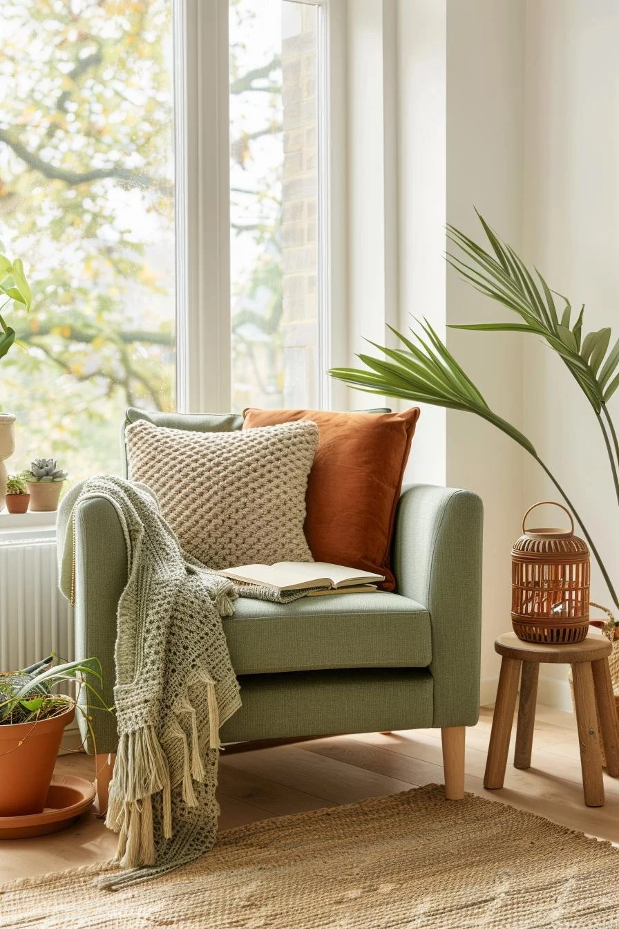 Sunlit living room corner with a light green armchair, orange and beige pillows, an open book, a knitted throw blanket, a potted plant, and a wooden side table with a decorative lantern. Large window shows trees outside.