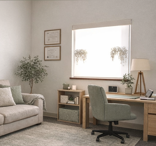 Home office with a sofa, shelves, a desk with a chair, plants, and framed certificates on the wall.