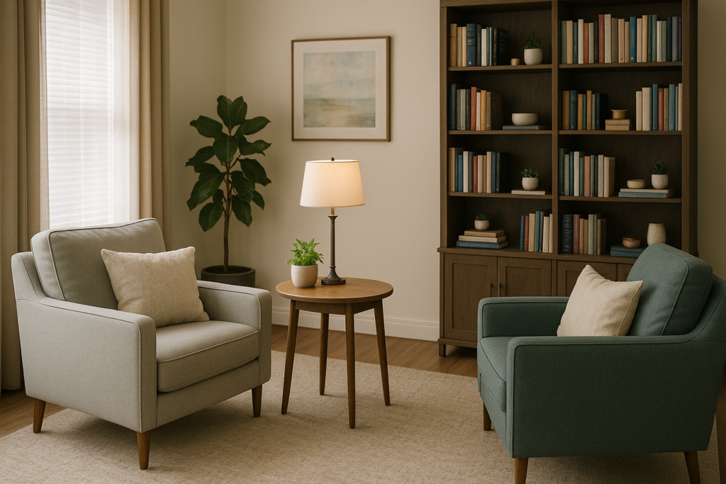 Cozy living room with two armchairs, a side table with a lamp, a bookshelf with books and small plants, a large plant in the corner, and framed wall art.
