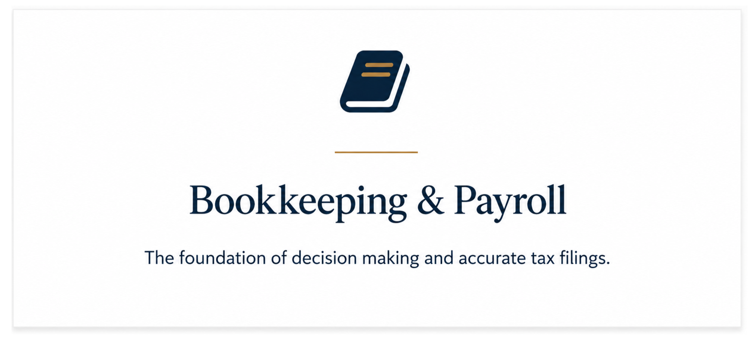Bookkeeping and payroll services infographic with a book icon at the top, blue and gold color theme, and text describing the importance of accurate tax filings.
