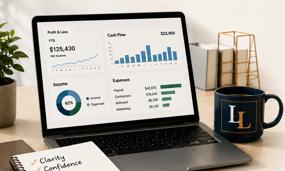 Laptop displaying financial dashboards with profit, cash flow, income, and expenses charts, a notebook with compliance notes, a black coffee mug with initials, a potted plant, and office supplies.