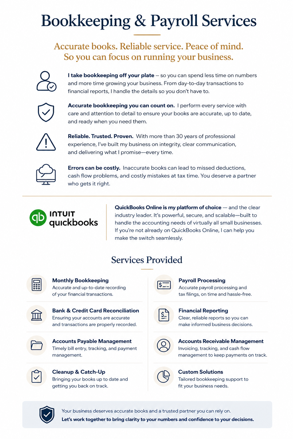 A flyer detailing bookkeeping and payroll services, including features like accurate books, reliable service, and QuickBooks online platform. It lists provided services such as monthly bookkeeping, payroll processing, bank reconciliation, financial reporting, accounts payable and receivable management, and custom solutions, with icons representing each section.