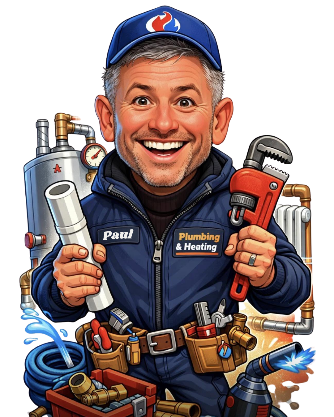Cartoon image of a smiling plumber in a navy blue uniform with a name tag 'Paul' and a patch that reads 'Plumbing & Heating'. He is wearing a blue cap with a flame logo, holding a white pipe in one hand and a red pipe wrench in the other. The background shows plumbing pipes, a water heater, and plumbing tools.