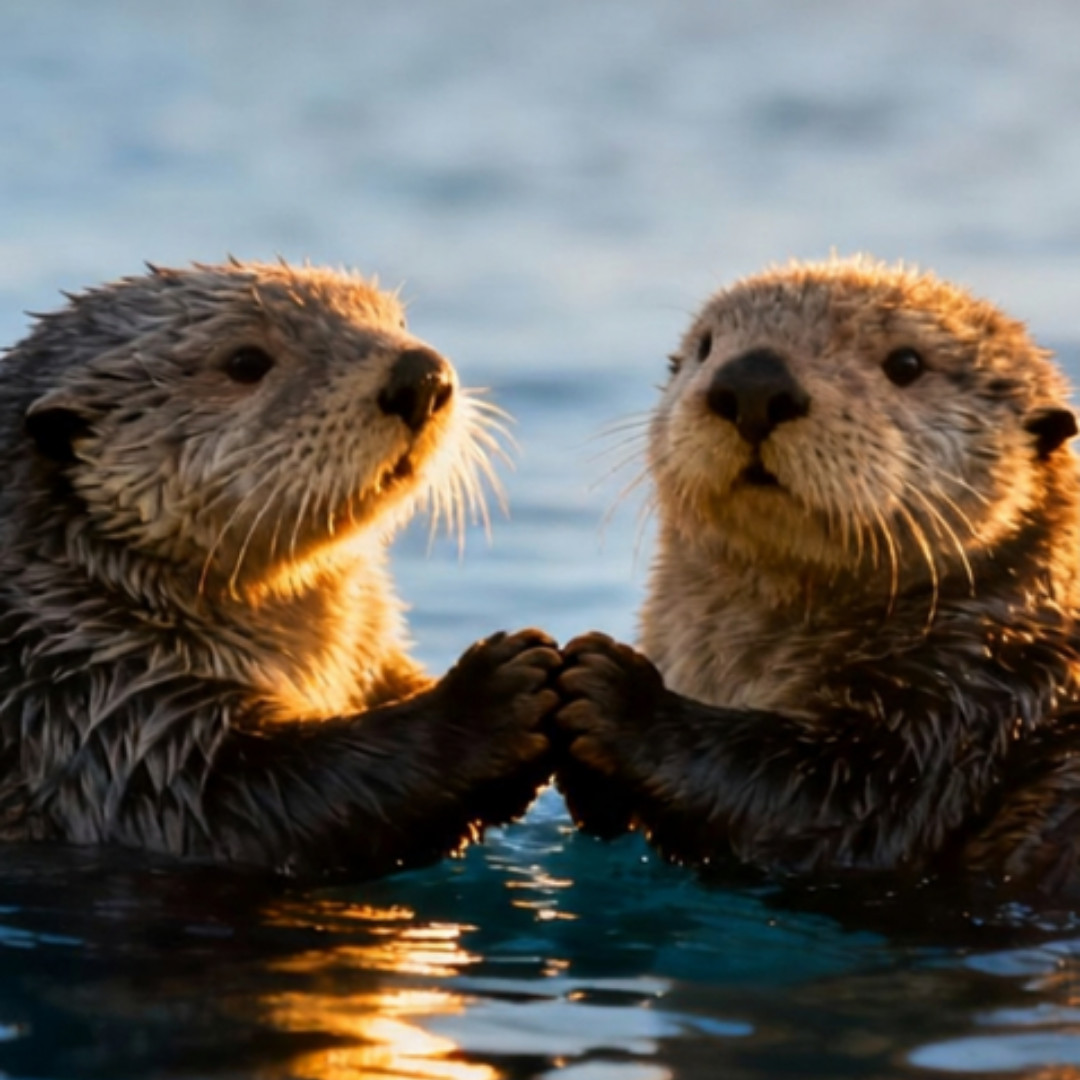 Two otters holding paws in water