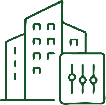 Outline of three buildings and a control panel with sliders.