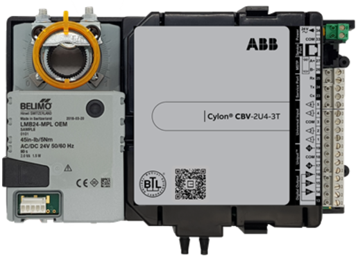 Electrical control panel with ABB and Belimo components, including a large relay module, terminal blocks, and wiring connectors.