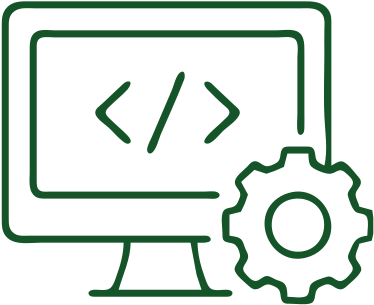 Computer monitor displaying code with a gear icon in the corner.