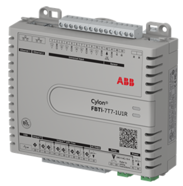 Electrical device with ABB logo, labeled 'Cylon' model FBtI-777-1U1R, featuring connection terminals and a QR code.