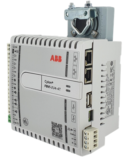 Industrial motor drive or variable frequency drive with ABB and Cylon labels, featuring multiple ports and a mounting bracket.