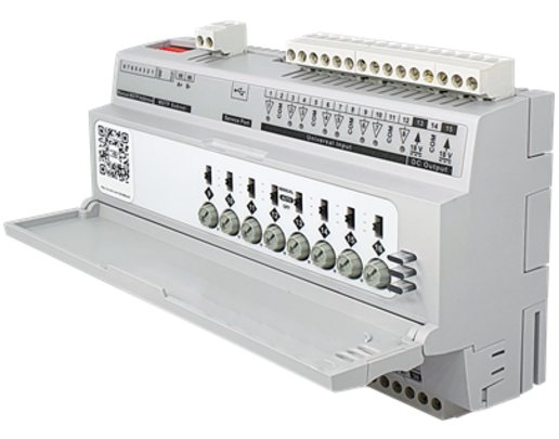 Electrical circuit control panel with terminal blocks, dials, and various connection points, opened to reveal wiring components.