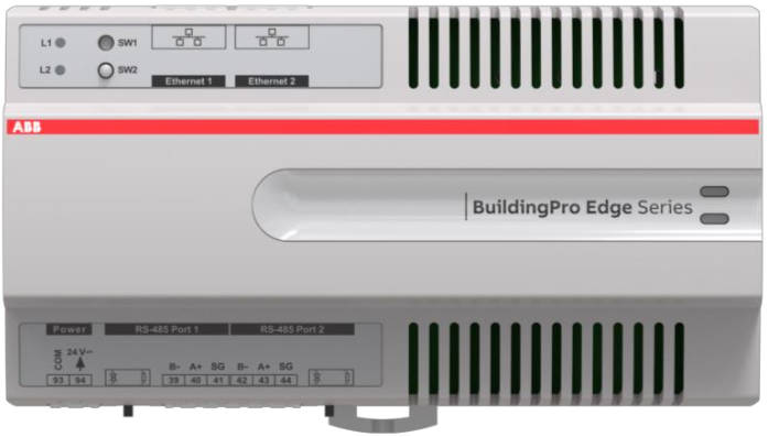 ABB BuildingPro Edge Series automation device with Ethernet ports and status indicators.