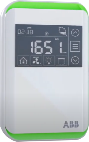 Digital air quality monitor displaying a CO2 level of 1651 ppm on its screen, with various icons and indicators, and a green border.