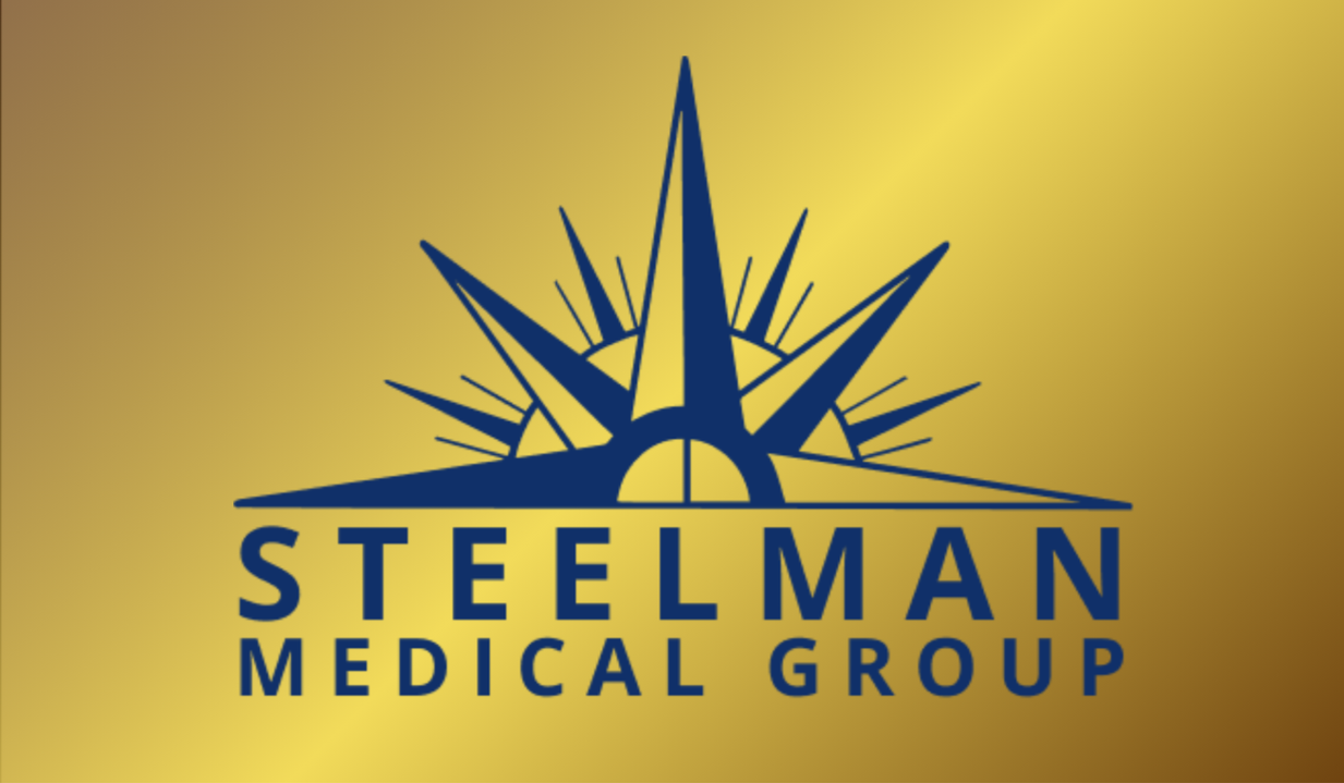 Logo of Steelman Medical Group with a stylized blue compass rose on a gold background.