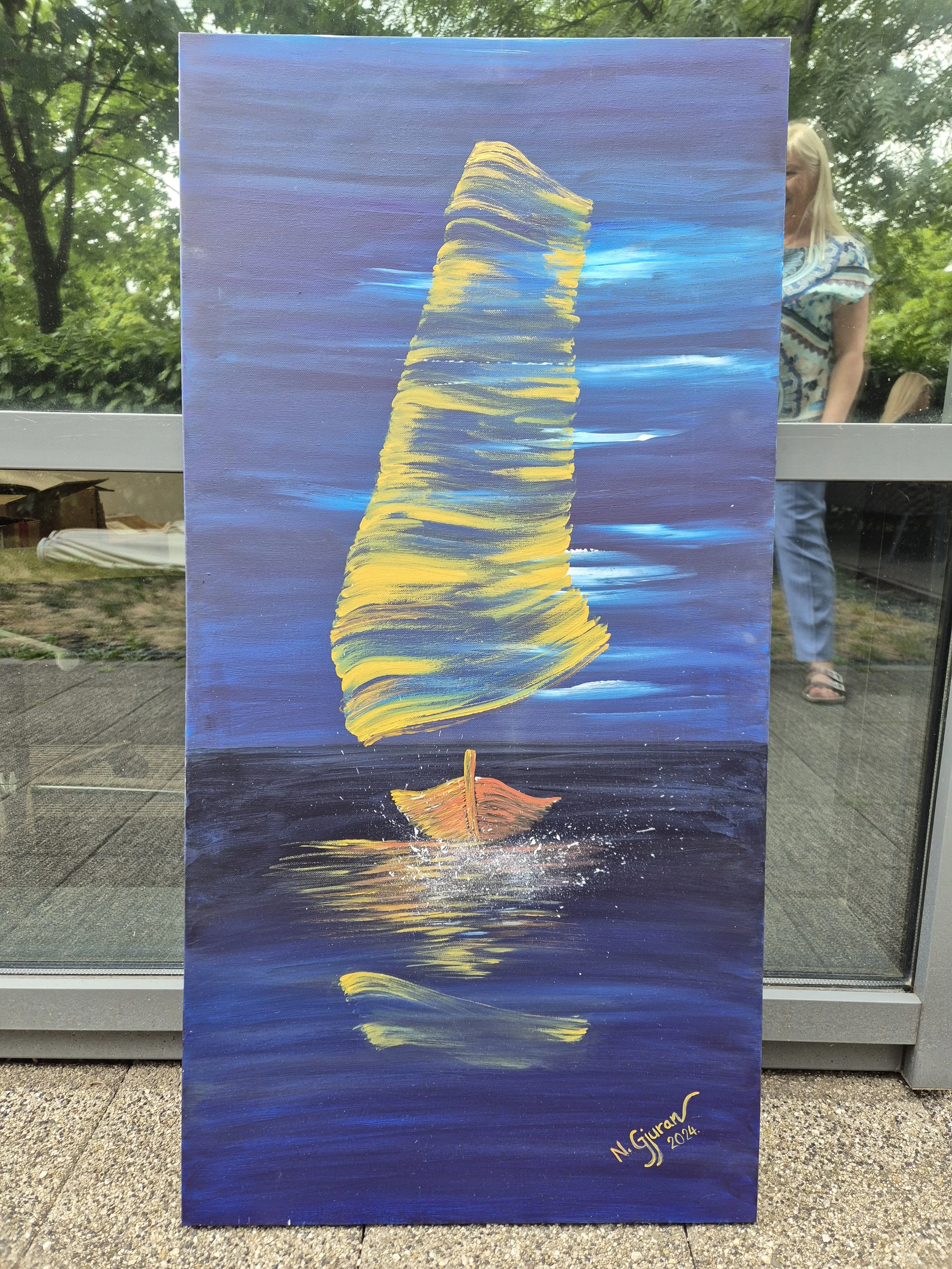 An abstract painting of a yellow sailboat with a yellow wind-filled sail on a dark blue and purple background, reflected on water. The painting is signed by N. Giuran 2024.