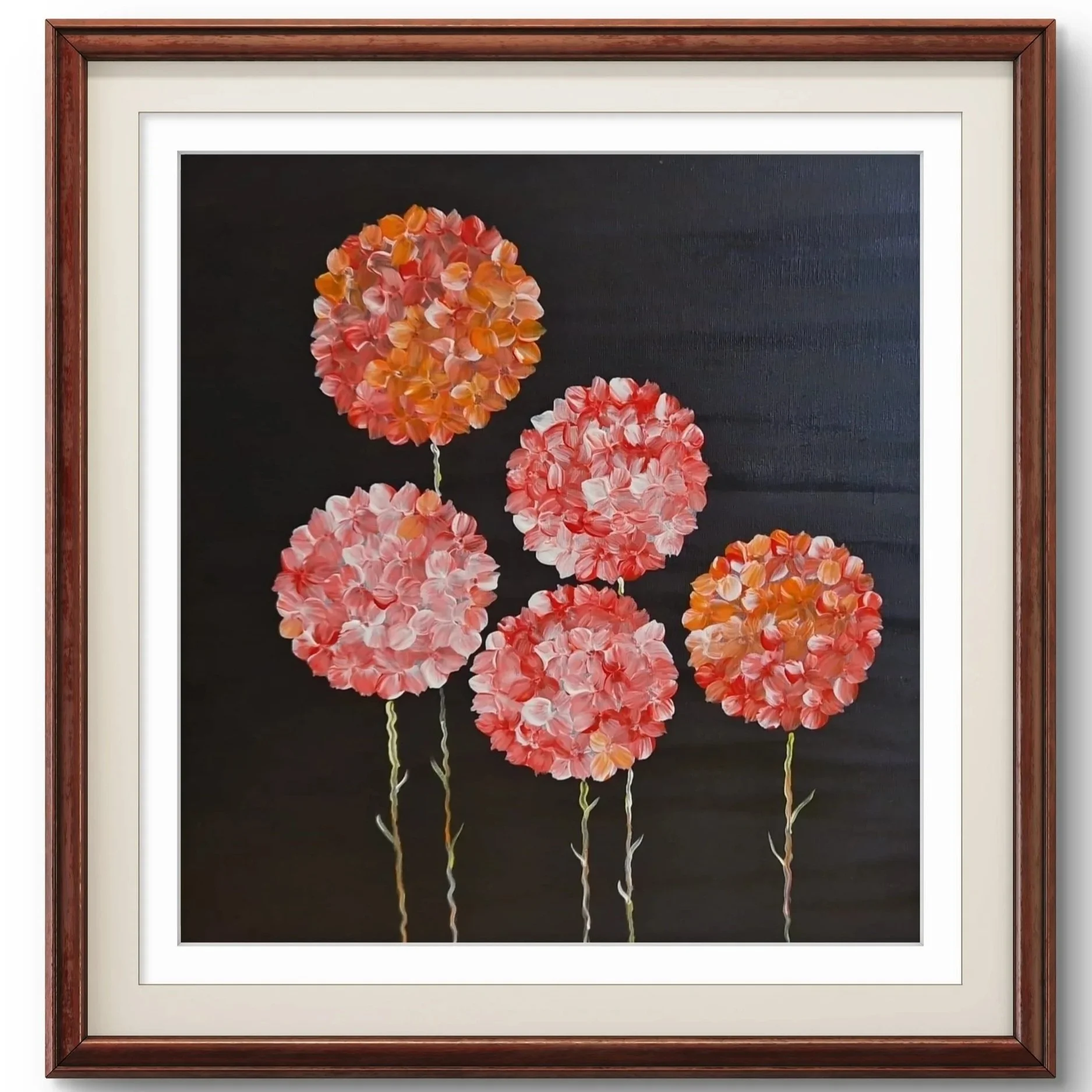Painting of colorful hydrangea flowers on a dark background, framed in wood.