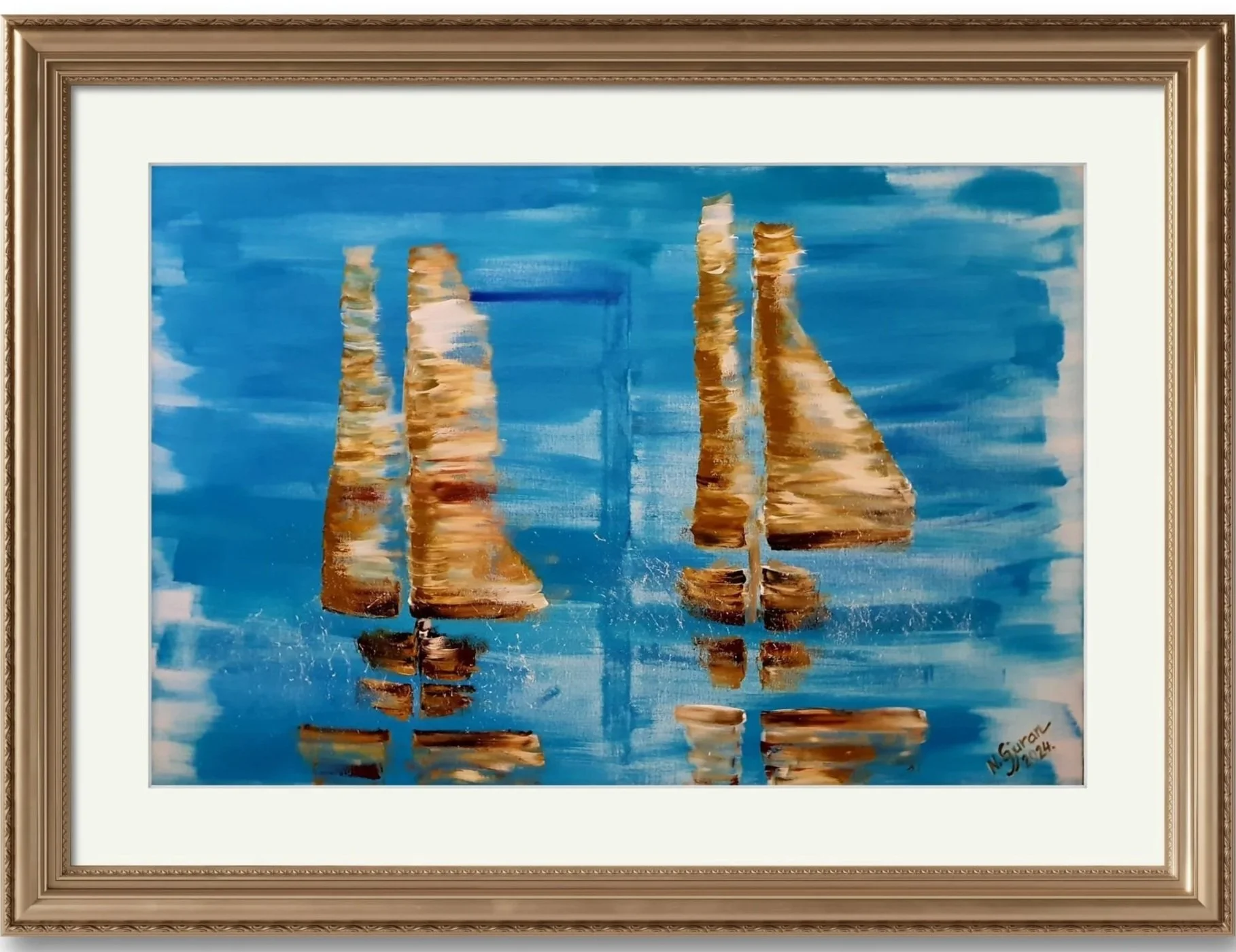 Reflection of sailboats on water against a blue sky with clouds, painted in an impressionistic style.