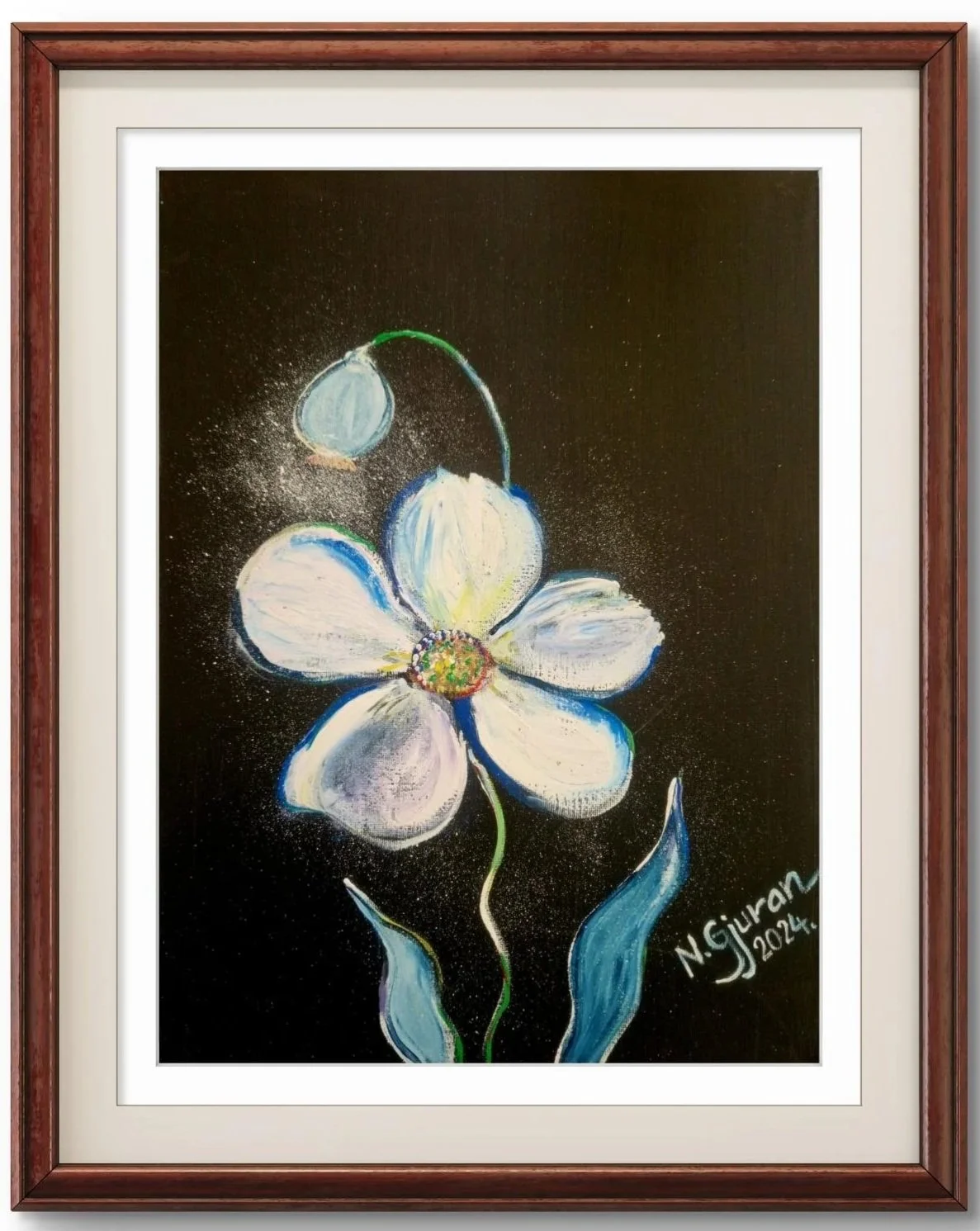A colorful painting of a white flower with five petals, green stem and leaves, set against a black background. The artist's signature, N. Giurami, and the year 2024 are visible in the bottom right corner.