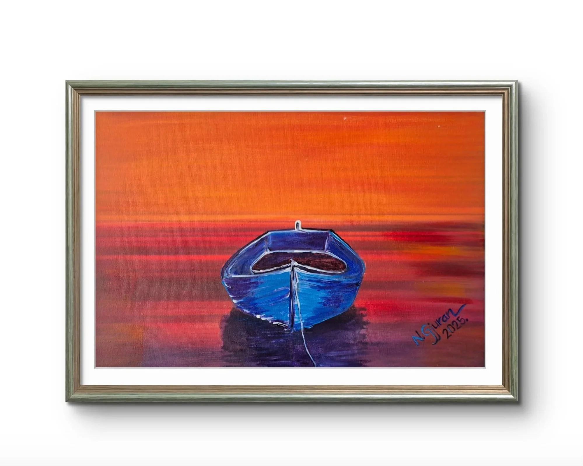 Painting of a blue boat on water with an orange sunset background, signed 'N. Guray 2023' in bottom right corner.