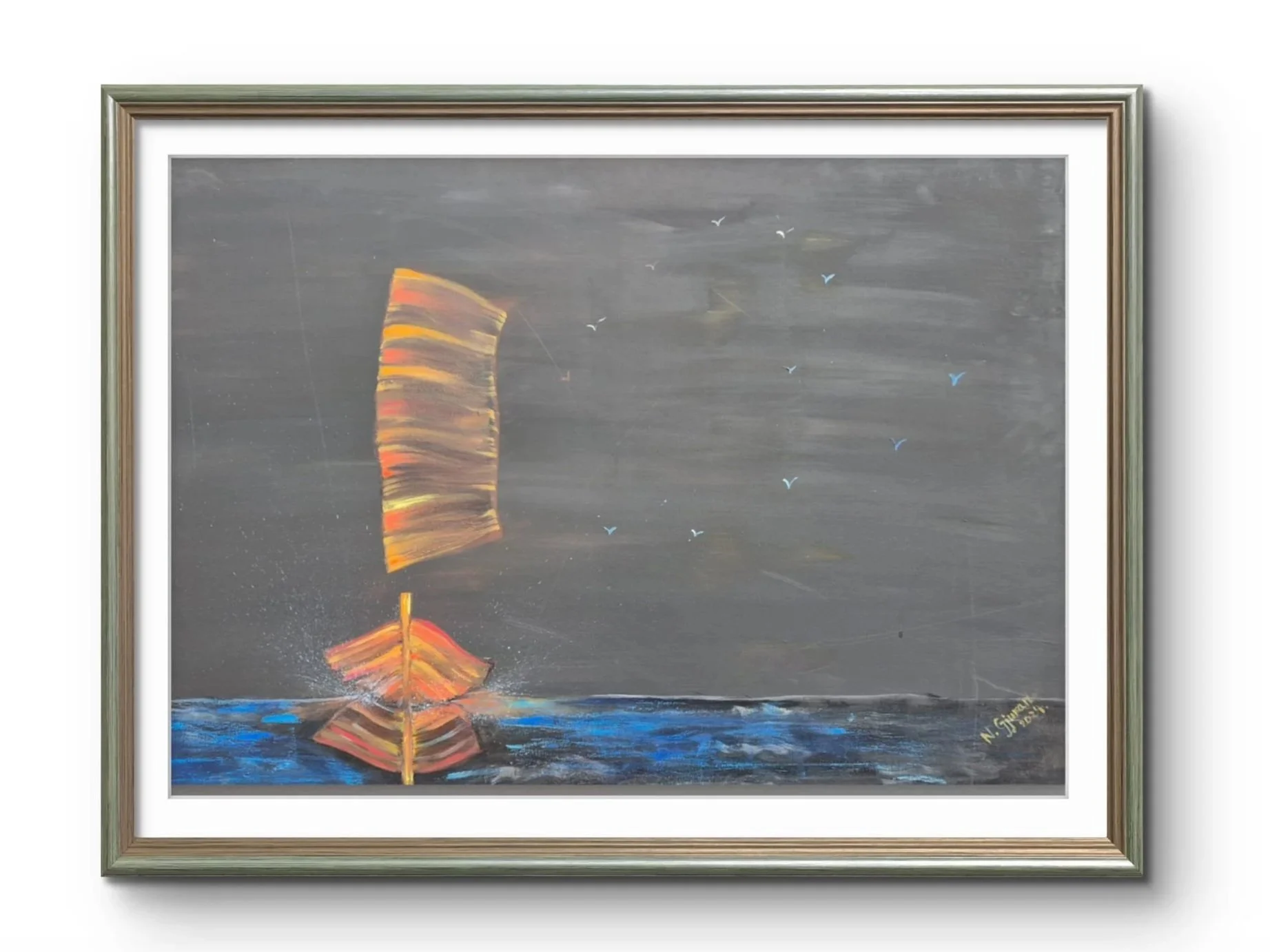 A painting of a scene with an orange and yellow striped umbrella reflected in water, with a dark gray sky and small blue and white birds flying overhead.