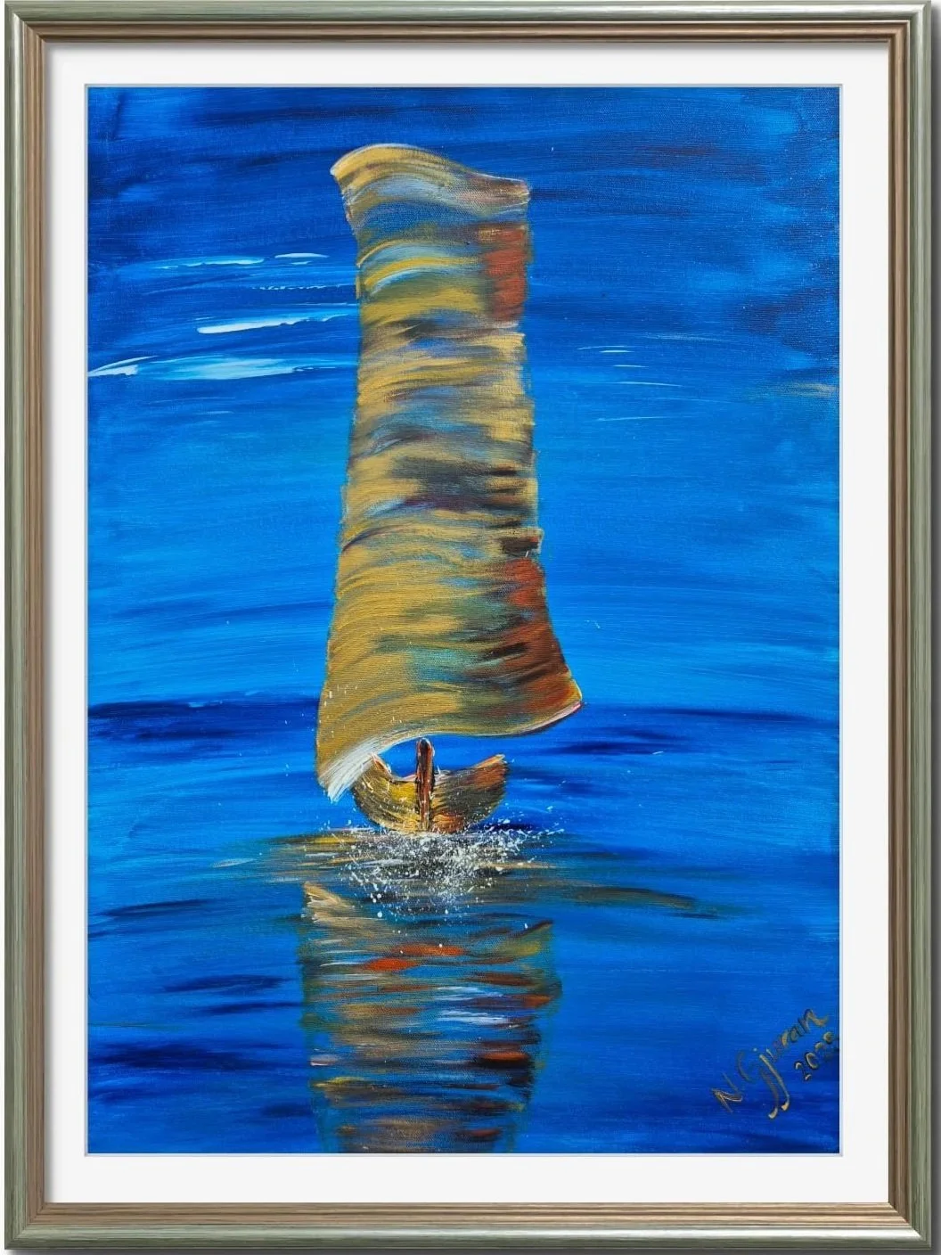 A colorful painting of a sailboat with a large, multicolored sail on calm blue water, with a reflection of the boat and sail in the water.