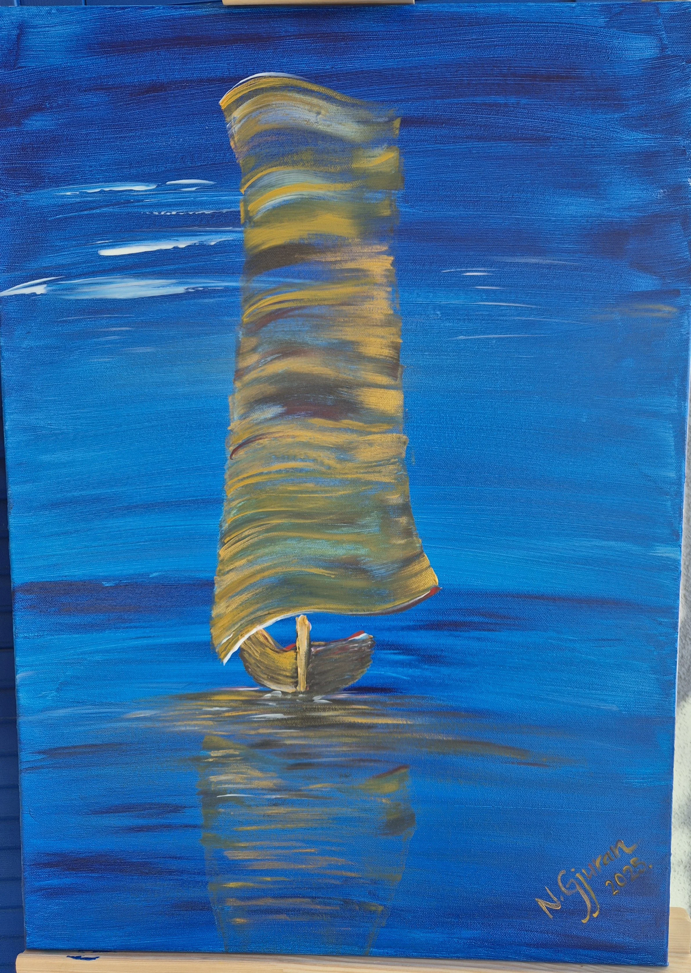 A painting of a golden fish on a blue background, with the artist's signature 'N. Givran' and the date '2023' in the bottom right corner.