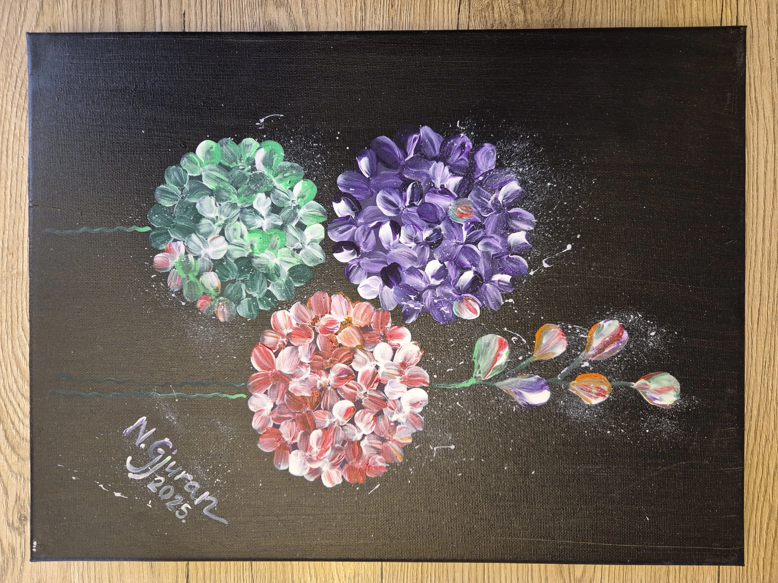 Painting featuring colorful flowers on a black background with text at the bottom left.