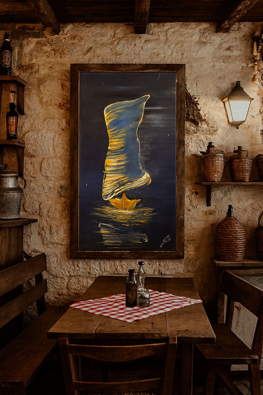 A rustic dining room with a stone wall, wooden furniture, and a large framed abstract painting of a ship at sea illuminated by warm lighting.