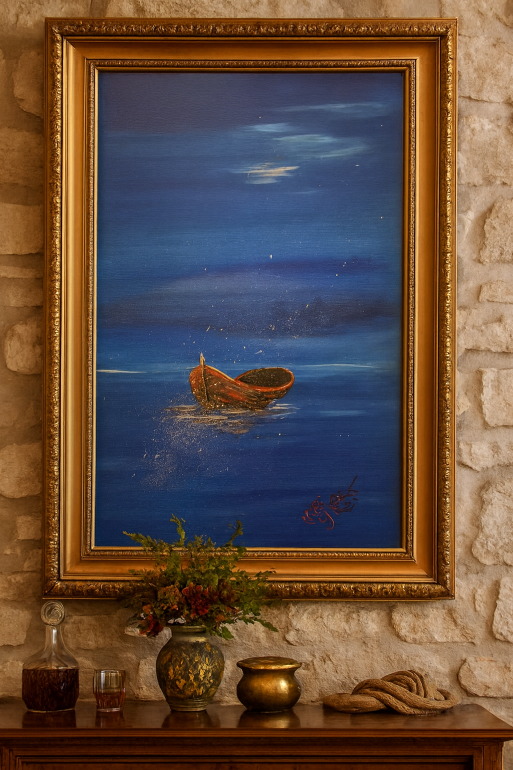 Painting of a boat floating on calm water under a blue sky with clouds, framed in ornate gold, hung on a stone wall. Below the painting, there is a vase with flowers, a gold bowl, and various decorative items on a wooden surface.