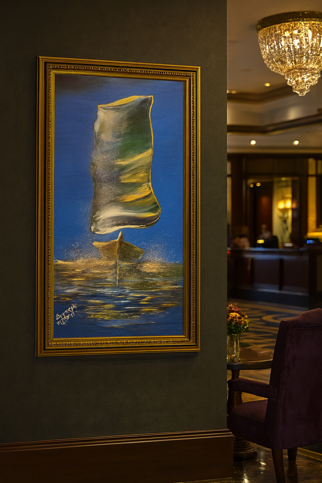 Painting of a sailboat with a tall, colorful sail on water, framed in gold, hanging on a dark wall in a hotel lobby or lounge area with a chandelier and seating.