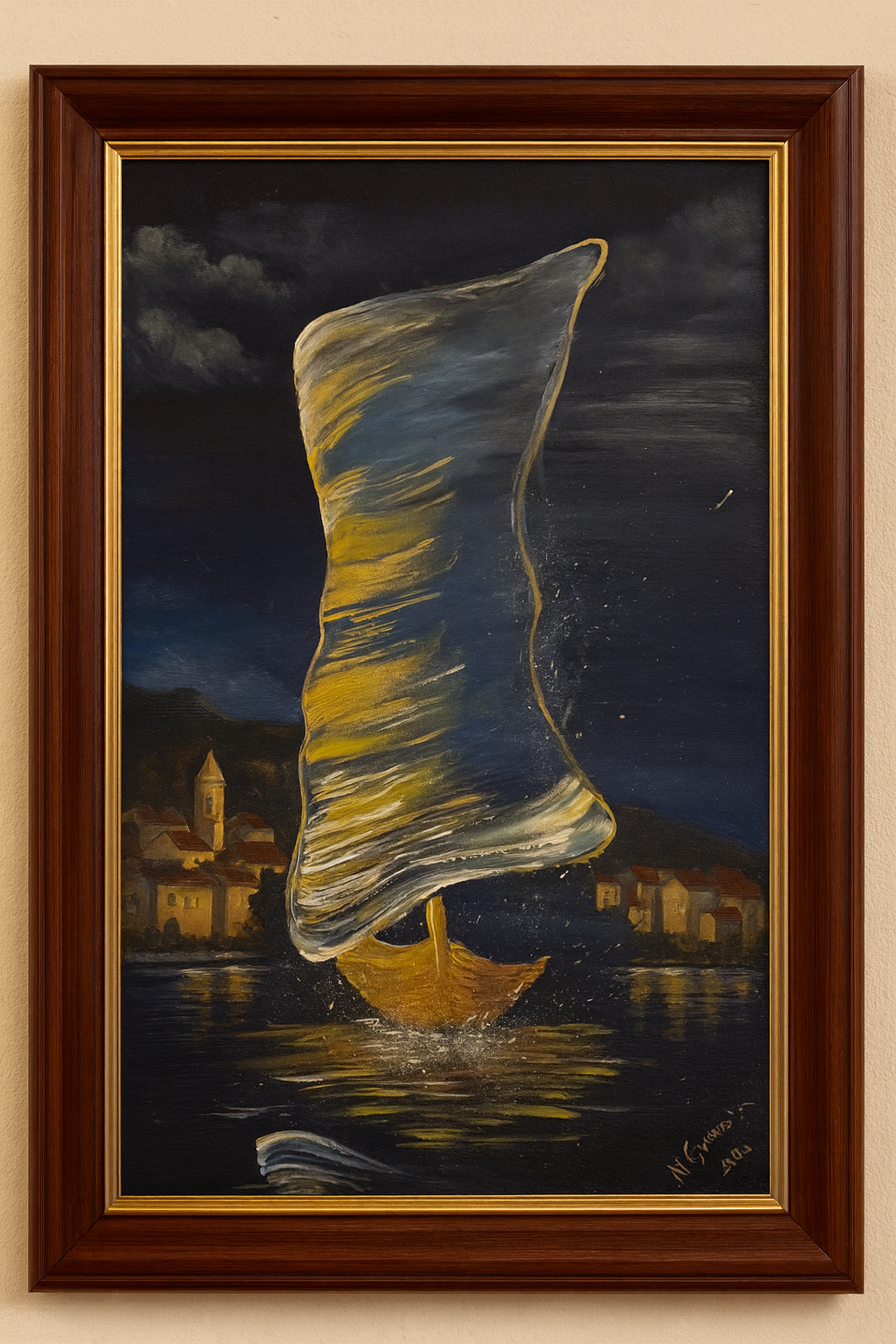 Painting of a sailboat with a large sail, glowing yellow and white, on dark water at night, reflecting moonlight, with a village and church tower in the background.