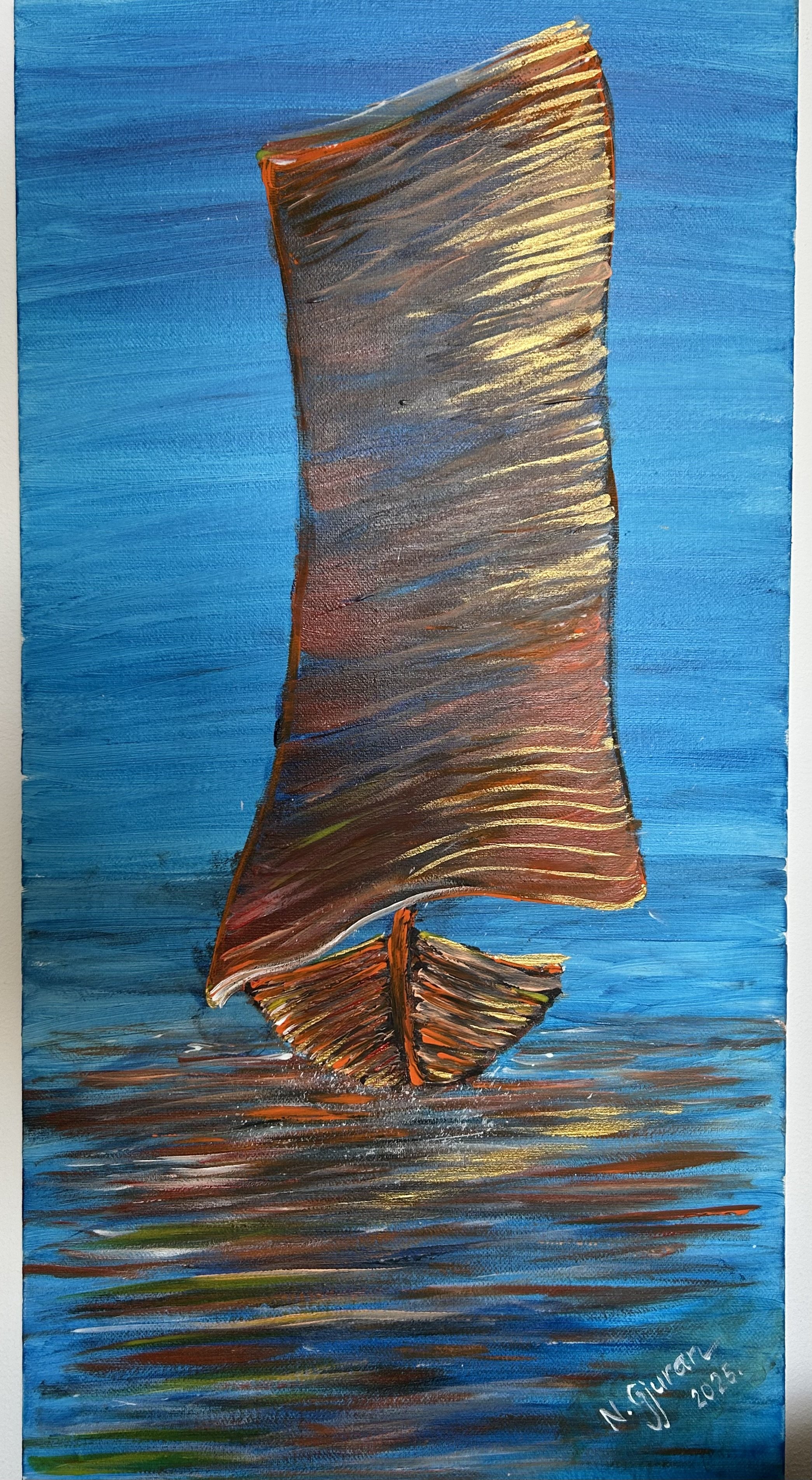 Painting of a large fish with dark and golden stripes, swimming in blue water, signed by N. Gurran 2023.