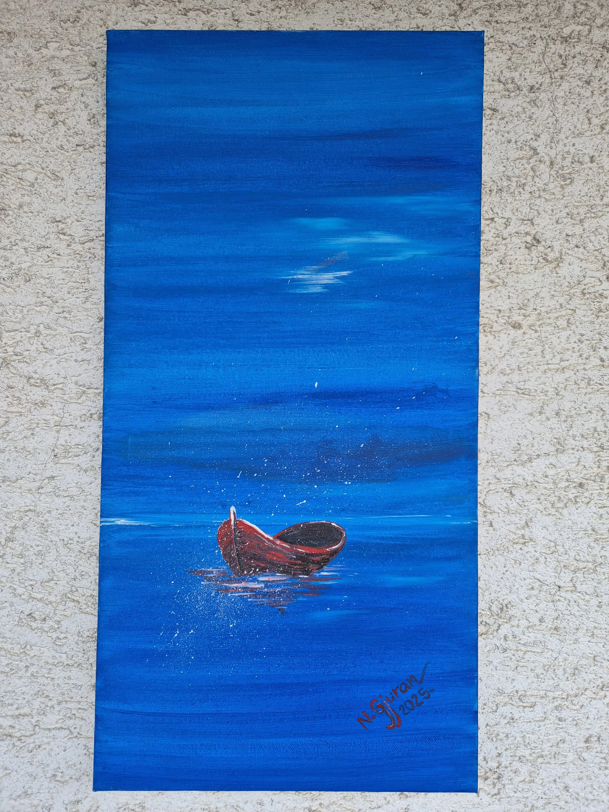 A painting of a boat in a body of water under a blue sky, with the artist's signature and the year 2023 in the bottom right corner.